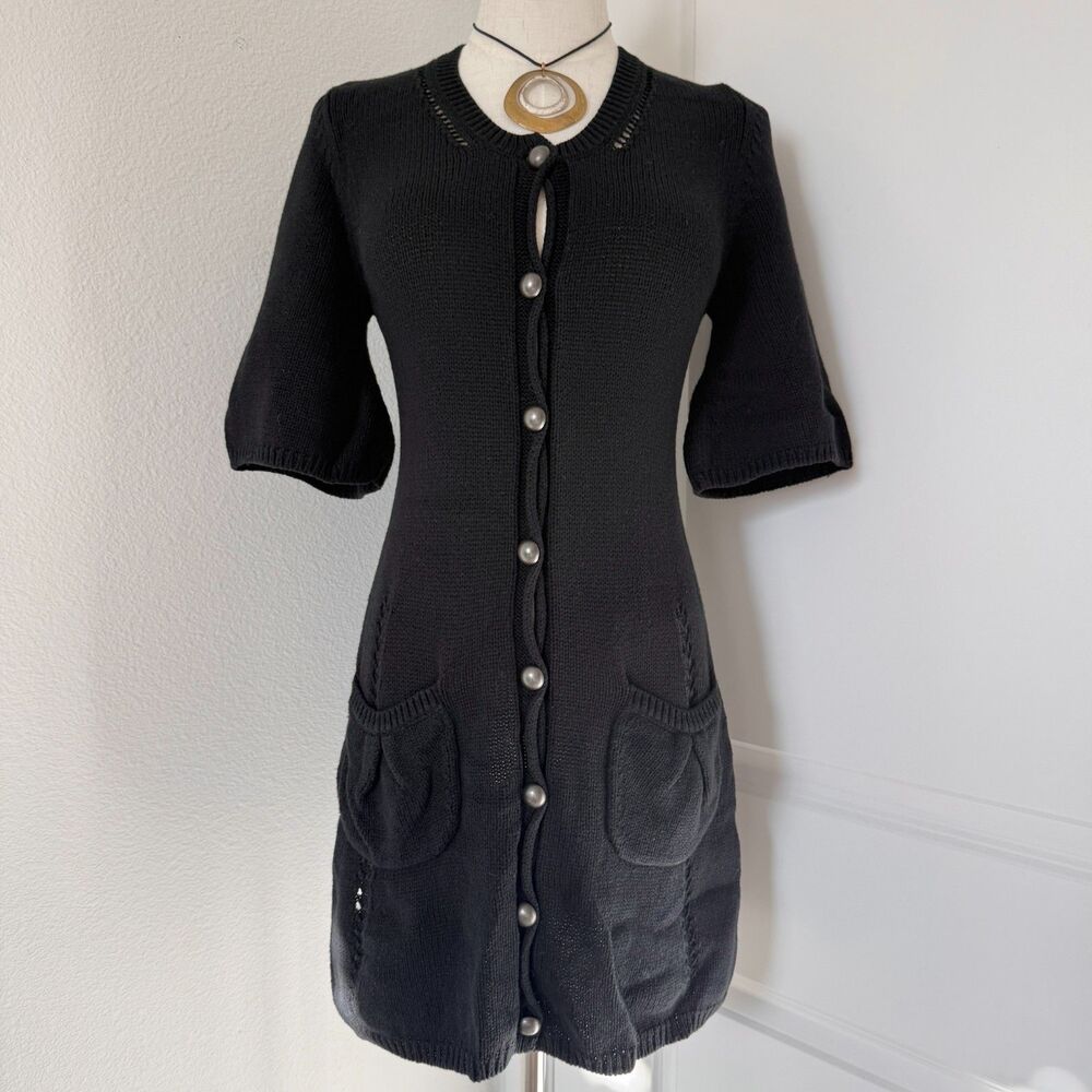 BCBG Black Midi Puff Sleeve Button Up Cardigan Pockets Chunky Knit 90s Size S